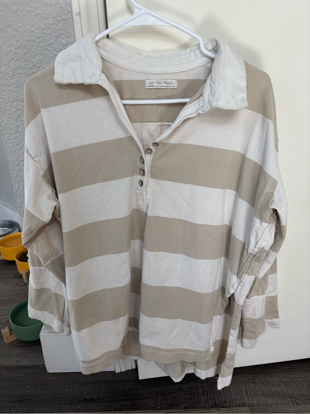 We The Free Beige and White Striped Rugby Polo